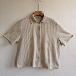 Linea Moda Metallic Knit Cabana Polo Cardigan Cream Ribbed Short Sleeve Italy L